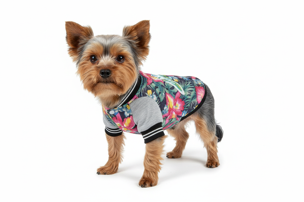 Yorkshire Terrier in tropical floral jacket